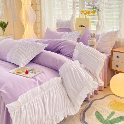 91家纺网 家纺一手货源 找家纺 （总）2023新韩版水洗棉公主风单层荷叶边拼色千层雪四件套