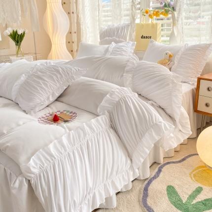 91家纺网 家纺一手货源 找家纺 2023新韩版水洗棉公主风单层荷叶边拼色四件套千层雪 白色