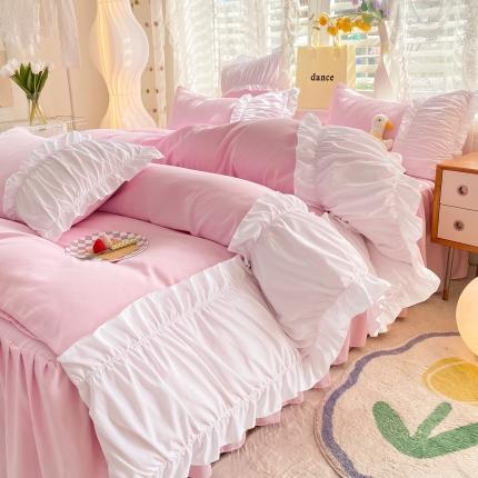 91家纺网 家纺一手货源 找家纺 2023新韩版水洗棉公主风单层荷叶边拼色四件套千层雪 粉色