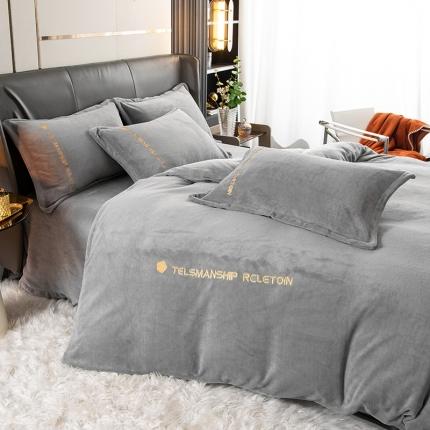 91家纺网 家纺一手货源 找家纺 斯卡诺直播爆款高克重纯色极简加厚牛奶绒四件套 山茶花-时尚灰