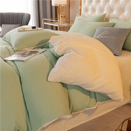 91家纺网 家纺一手货源 找家纺 古吉梦高克重牛奶绒双色床单床笠款四件套 纯色棉绒-豆绿+奶黄