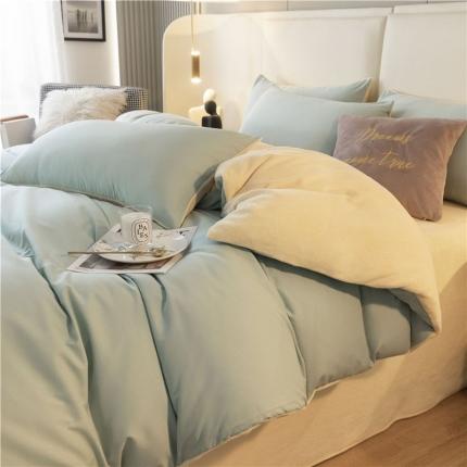 91家纺网 家纺一手货源 找家纺 古吉梦高克重牛奶绒双色床单床笠款四件套纯色棉绒-梵星蓝+奶黄