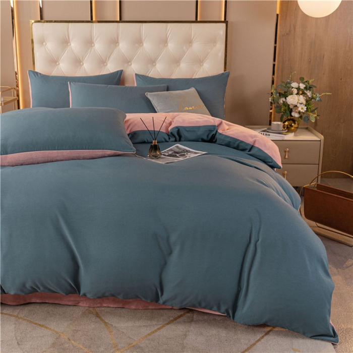 91家纺网 家纺一手货源 找家纺 古吉梦高克重牛奶绒双色床单床笠款四件套纯色棉绒-宾利蓝+藕粉