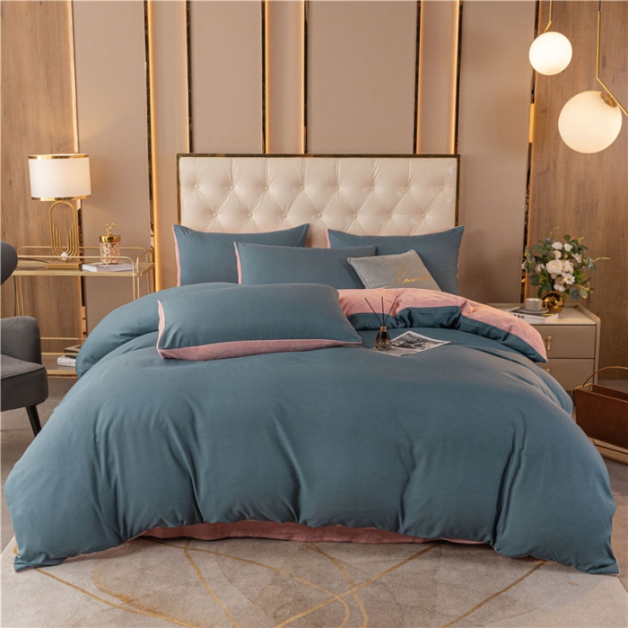 91家纺网 家纺一手货源 找家纺 古吉梦高克重牛奶绒双色床单床笠款四件套纯色棉绒-宾利蓝+藕粉