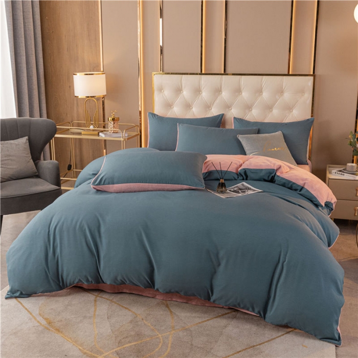 91家纺网 家纺一手货源 找家纺 古吉梦高克重牛奶绒双色床单床笠款四件套纯色棉绒-宾利蓝+藕粉