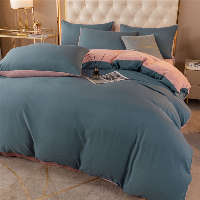 91家纺网 家纺一手货源 找家纺 古吉梦高克重牛奶绒双色床单床笠款四件套纯色棉绒-宾利蓝+藕粉