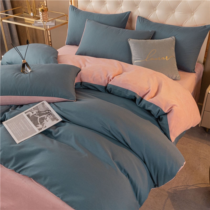 91家纺网 家纺一手货源 找家纺 古吉梦高克重牛奶绒双色床单床笠款四件套纯色棉绒-宾利蓝+藕粉