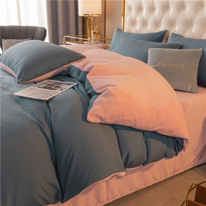 91家纺网 家纺一手货源 找家纺 古吉梦高克重牛奶绒双色床单床笠款四件套纯色棉绒-宾利蓝+藕粉