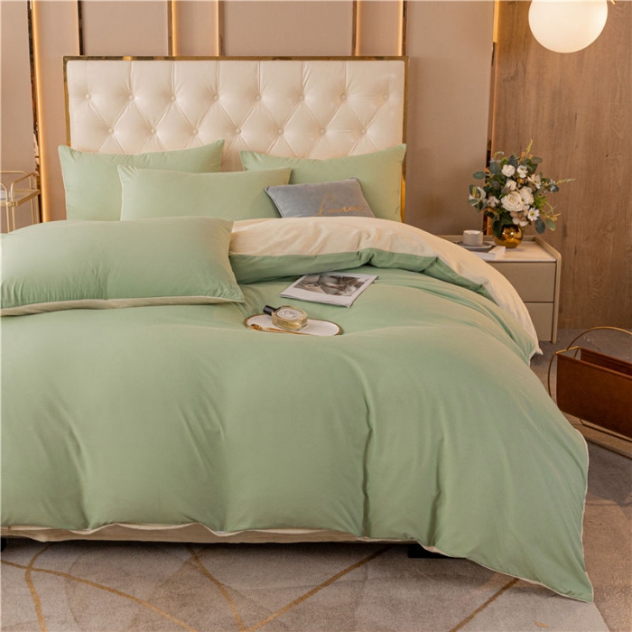 91家纺网 家纺一手货源 找家纺 古吉梦高克重牛奶绒双色床单床笠款四件套 纯色棉绒-豆绿+奶黄