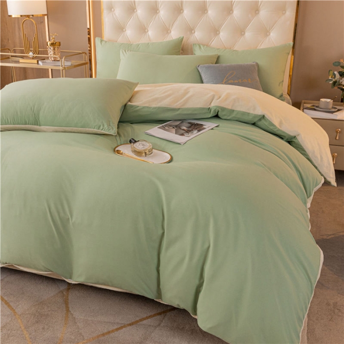 91家纺网 家纺一手货源 找家纺 古吉梦高克重牛奶绒双色床单床笠款四件套 纯色棉绒-豆绿+奶黄