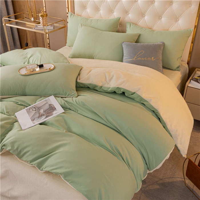 91家纺网 家纺一手货源 找家纺 古吉梦高克重牛奶绒双色床单床笠款四件套 纯色棉绒-豆绿+奶黄