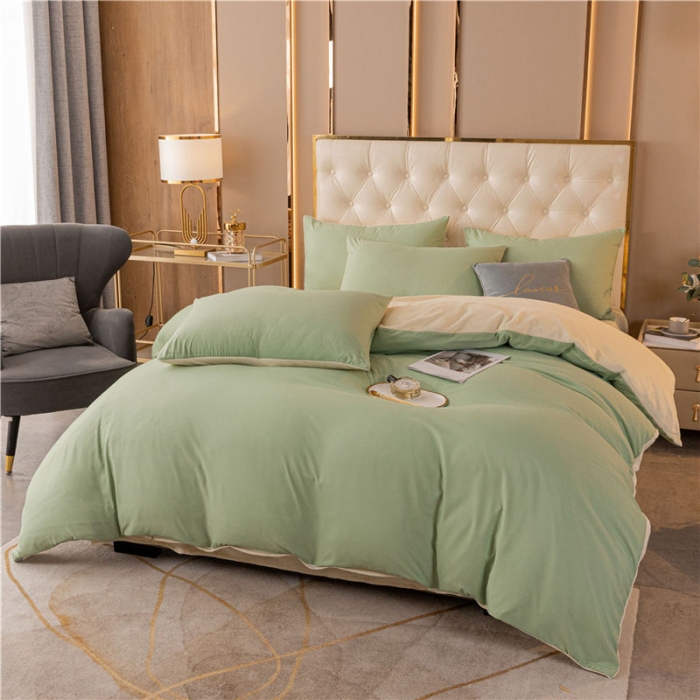 91家纺网 家纺一手货源 找家纺 古吉梦高克重牛奶绒双色床单床笠款四件套 纯色棉绒-豆绿+奶黄
