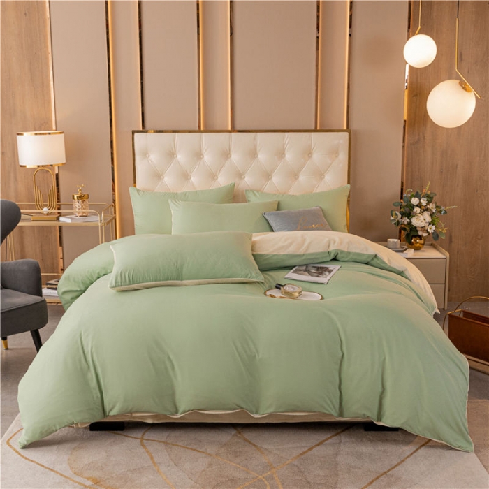 91家纺网 家纺一手货源 找家纺 古吉梦高克重牛奶绒双色床单床笠款四件套 纯色棉绒-豆绿+奶黄