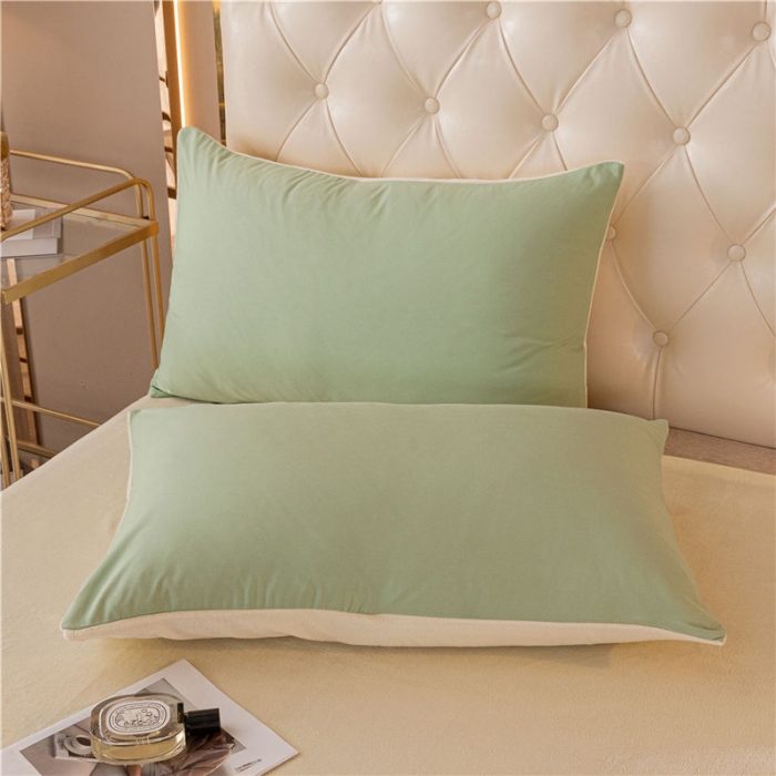 91家纺网 家纺一手货源 找家纺 古吉梦高克重牛奶绒双色床单床笠款四件套 纯色棉绒-豆绿+奶黄