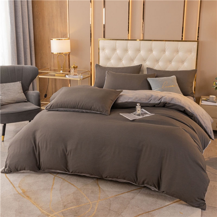 91家纺网 家纺一手货源 找家纺 古吉梦高克重牛奶绒双色床单床笠款四件套纯色棉绒-高级灰+浅灰