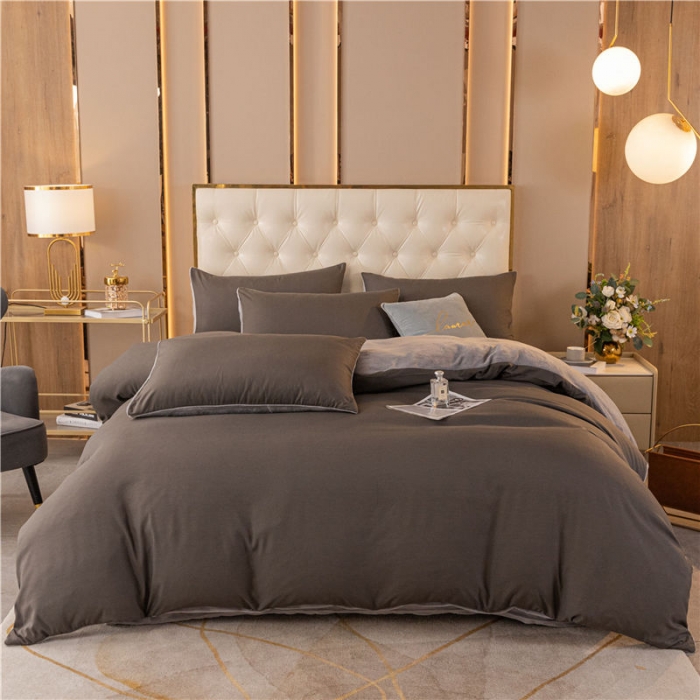 91家纺网 家纺一手货源 找家纺 古吉梦高克重牛奶绒双色床单床笠款四件套纯色棉绒-高级灰+浅灰