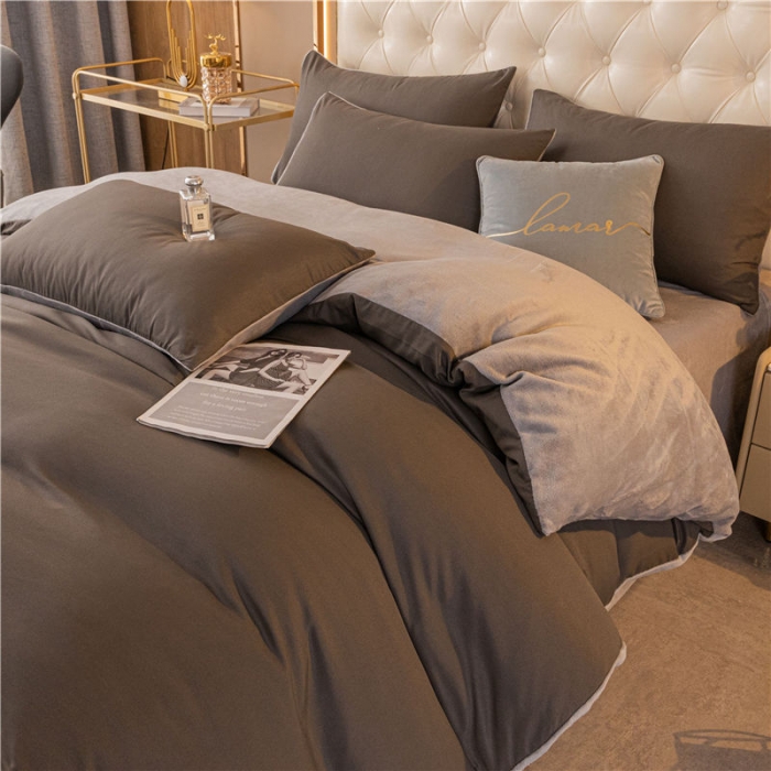 91家纺网 家纺一手货源 找家纺 古吉梦高克重牛奶绒双色床单床笠款四件套纯色棉绒-高级灰+浅灰