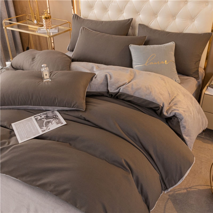 91家纺网 家纺一手货源 找家纺 古吉梦高克重牛奶绒双色床单床笠款四件套纯色棉绒-高级灰+浅灰
