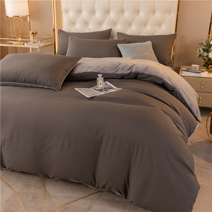 91家纺网 家纺一手货源 找家纺 古吉梦高克重牛奶绒双色床单床笠款四件套纯色棉绒-高级灰+浅灰