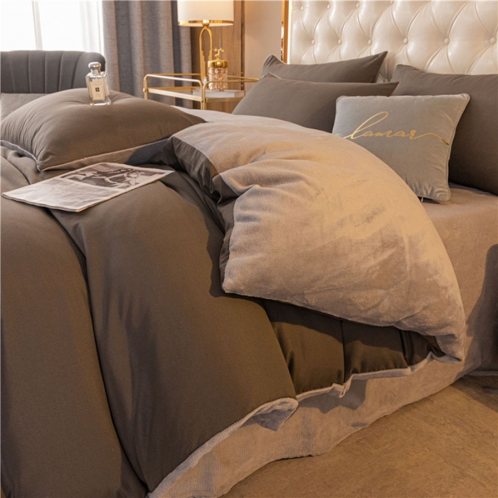 91家纺网 家纺一手货源 找家纺 古吉梦高克重牛奶绒双色床单床笠款四件套纯色棉绒-高级灰+浅灰