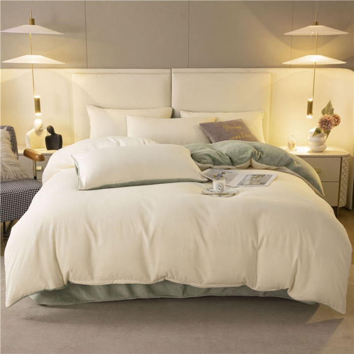 91家纺网 家纺一手货源 找家纺 古吉梦高克重牛奶绒双色床单床笠款四件套 纯色棉绒-奶黄+果绿