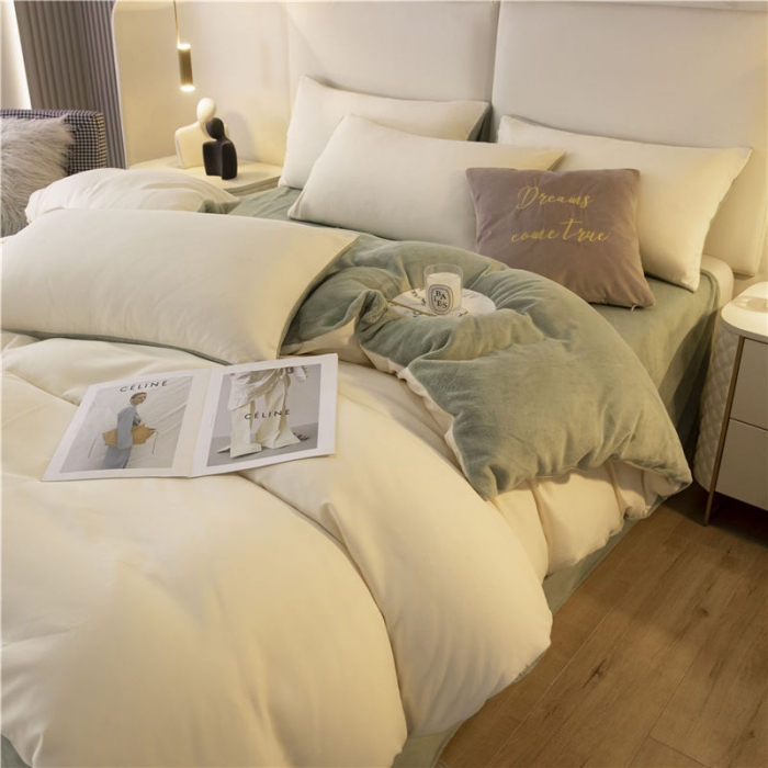 91家纺网 家纺一手货源 找家纺 古吉梦高克重牛奶绒双色床单床笠款四件套 纯色棉绒-奶黄+果绿