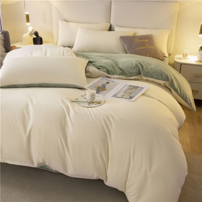 91家纺网 家纺一手货源 找家纺 古吉梦高克重牛奶绒双色床单床笠款四件套 纯色棉绒-奶黄+果绿