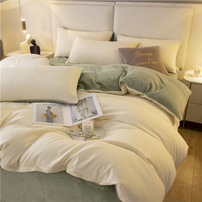 91家纺网 家纺一手货源 找家纺 古吉梦高克重牛奶绒双色床单床笠款四件套 纯色棉绒-奶黄+果绿