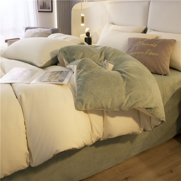 91家纺网 家纺一手货源 找家纺 古吉梦高克重牛奶绒双色床单床笠款四件套 纯色棉绒-奶黄+果绿