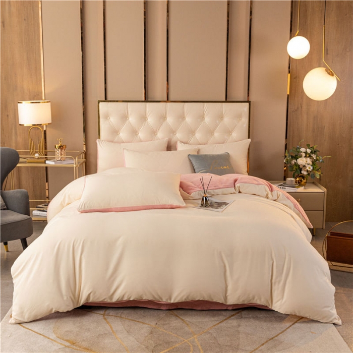91家纺网 家纺一手货源 找家纺 古吉梦高克重牛奶绒双色床单床笠款四件套 纯色棉绒-奶黄+藕粉