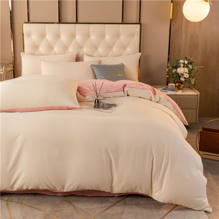 91家纺网 家纺一手货源 找家纺 古吉梦高克重牛奶绒双色床单床笠款四件套 纯色棉绒-奶黄+藕粉