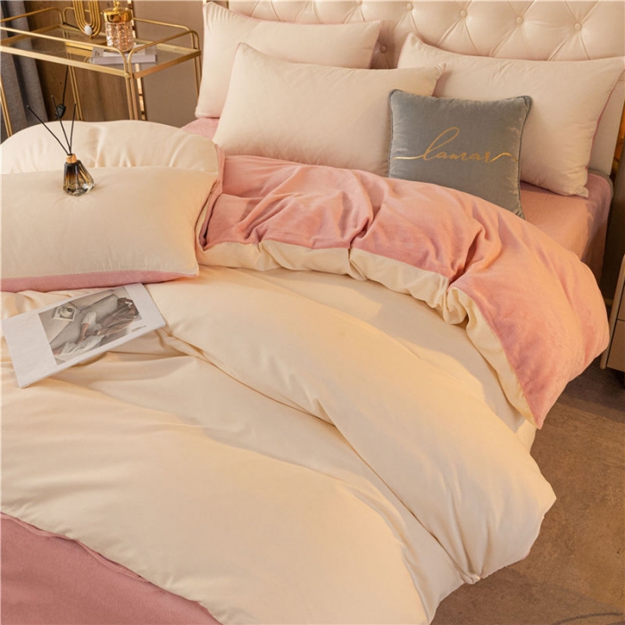 91家纺网 家纺一手货源 找家纺 古吉梦高克重牛奶绒双色床单床笠款四件套 纯色棉绒-奶黄+藕粉