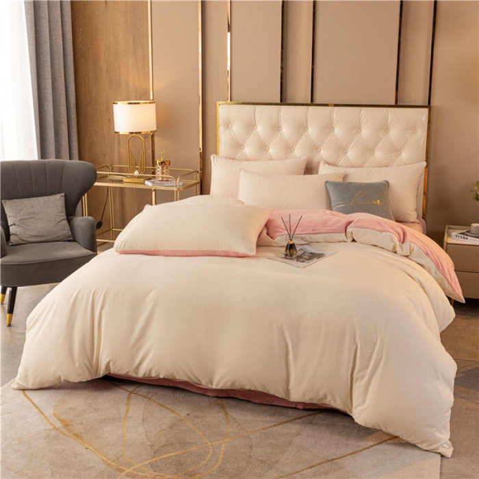 91家纺网 家纺一手货源 找家纺 古吉梦高克重牛奶绒双色床单床笠款四件套 纯色棉绒-奶黄+藕粉