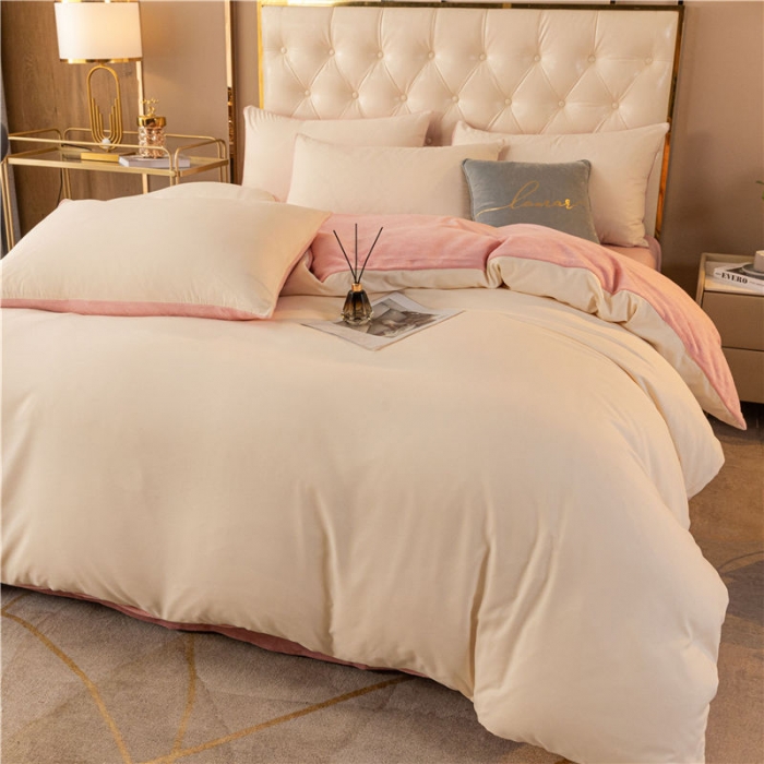 91家纺网 家纺一手货源 找家纺 古吉梦高克重牛奶绒双色床单床笠款四件套 纯色棉绒-奶黄+藕粉