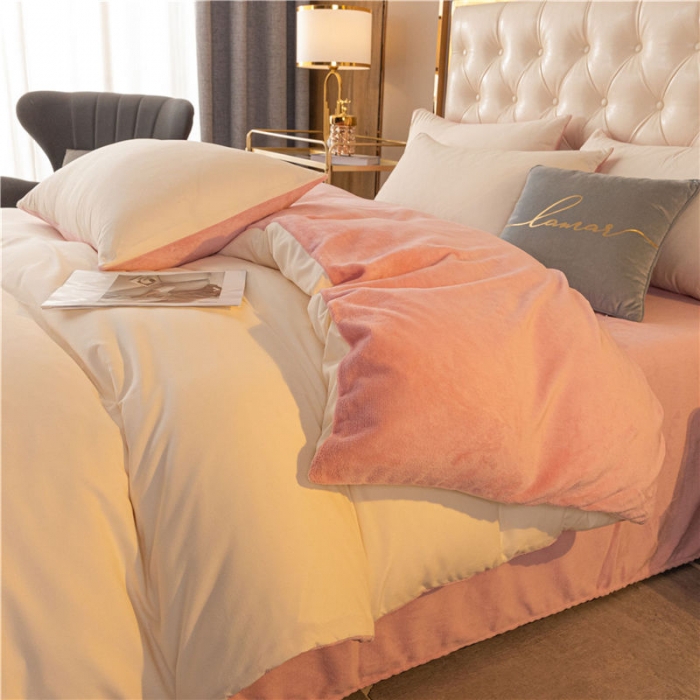 91家纺网 家纺一手货源 找家纺 古吉梦高克重牛奶绒双色床单床笠款四件套 纯色棉绒-奶黄+藕粉