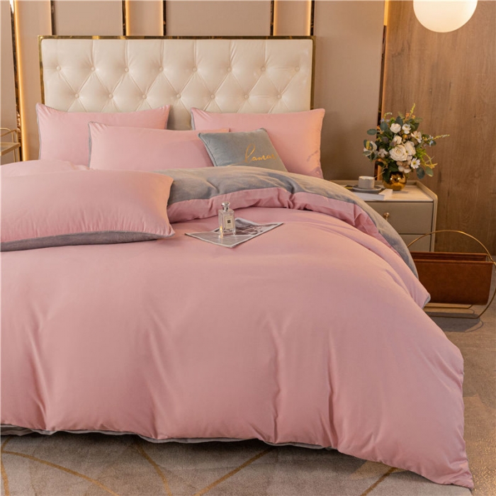 91家纺网 家纺一手货源 找家纺 古吉梦高克重牛奶绒双色床单床笠款四件套 纯色棉绒-藕粉+浅灰