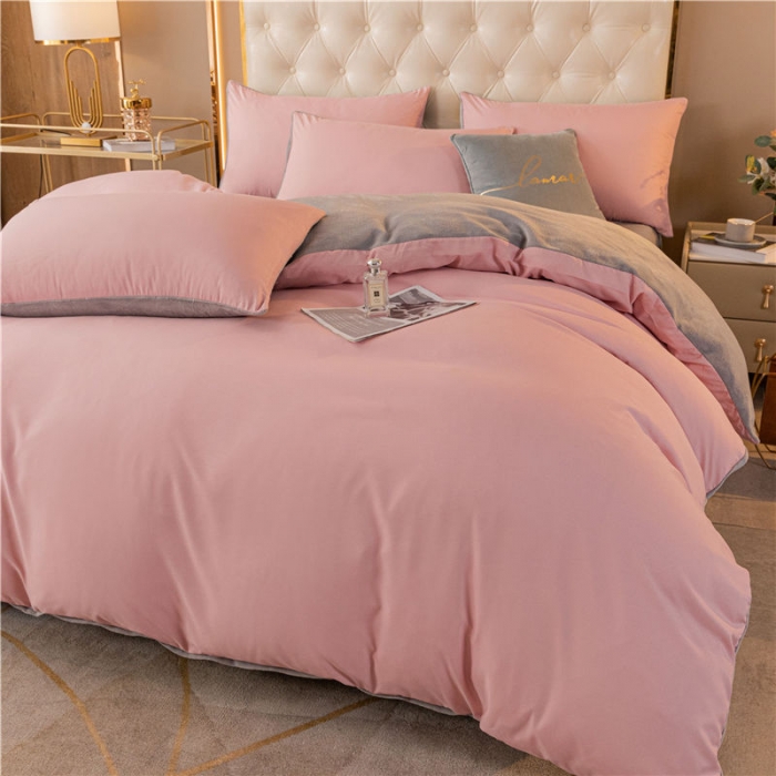 91家纺网 家纺一手货源 找家纺 古吉梦高克重牛奶绒双色床单床笠款四件套 纯色棉绒-藕粉+浅灰