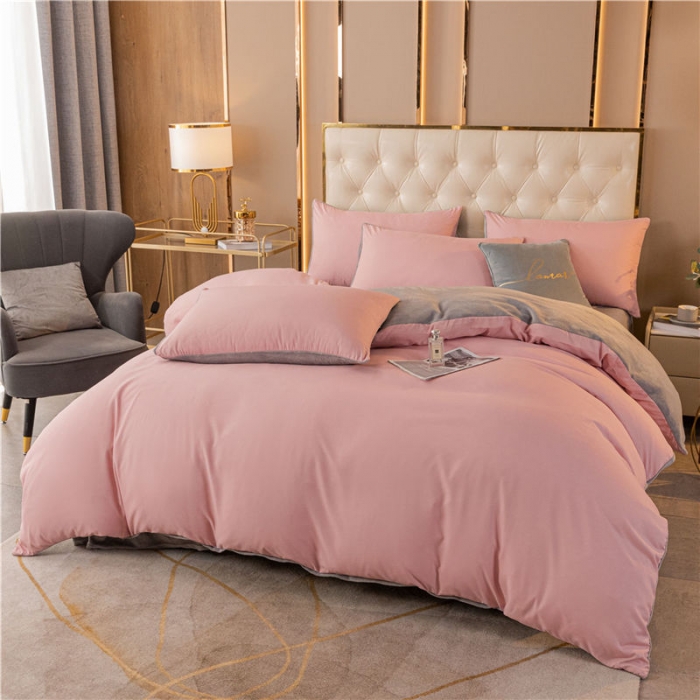 91家纺网 家纺一手货源 找家纺 古吉梦高克重牛奶绒双色床单床笠款四件套 纯色棉绒-藕粉+浅灰