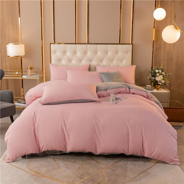 91家纺网 家纺一手货源 找家纺 古吉梦高克重牛奶绒双色床单床笠款四件套 纯色棉绒-藕粉+浅灰