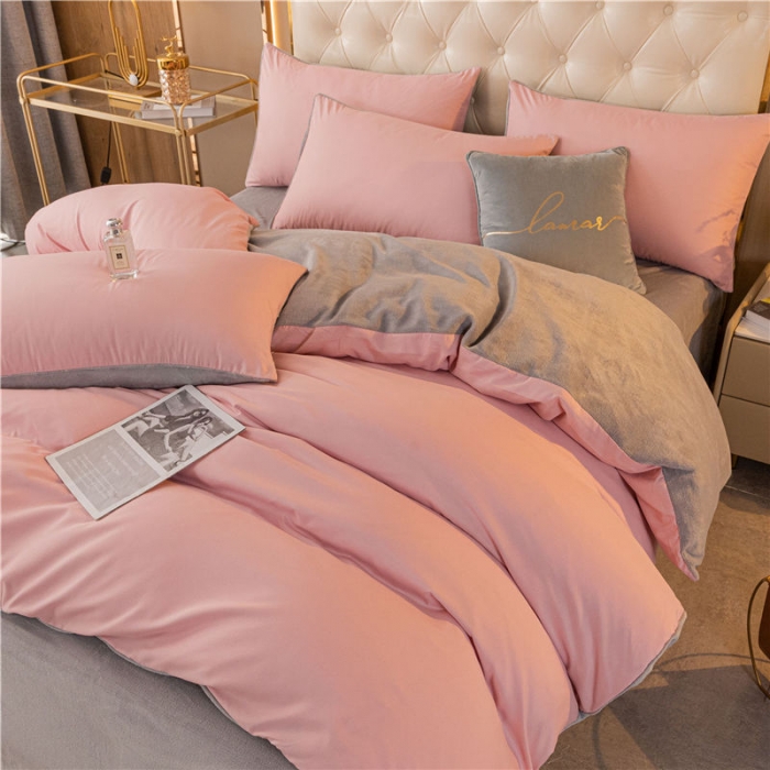 91家纺网 家纺一手货源 找家纺 古吉梦高克重牛奶绒双色床单床笠款四件套 纯色棉绒-藕粉+浅灰