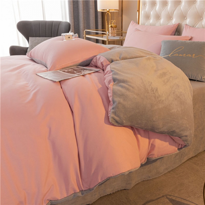 91家纺网 家纺一手货源 找家纺 古吉梦高克重牛奶绒双色床单床笠款四件套 纯色棉绒-藕粉+浅灰