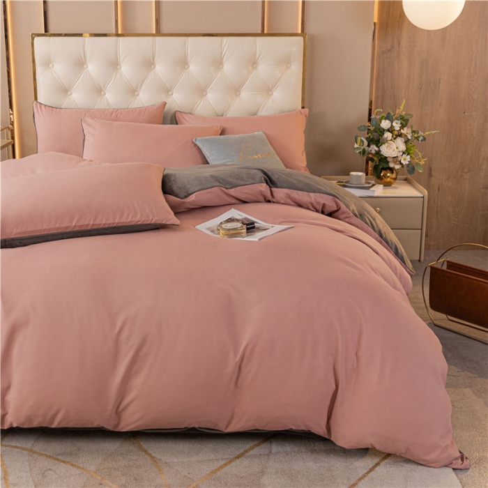 91家纺网 家纺一手货源 找家纺 古吉梦高克重牛奶绒双色床单床笠款四件套纯色棉绒紫豆沙+高级灰