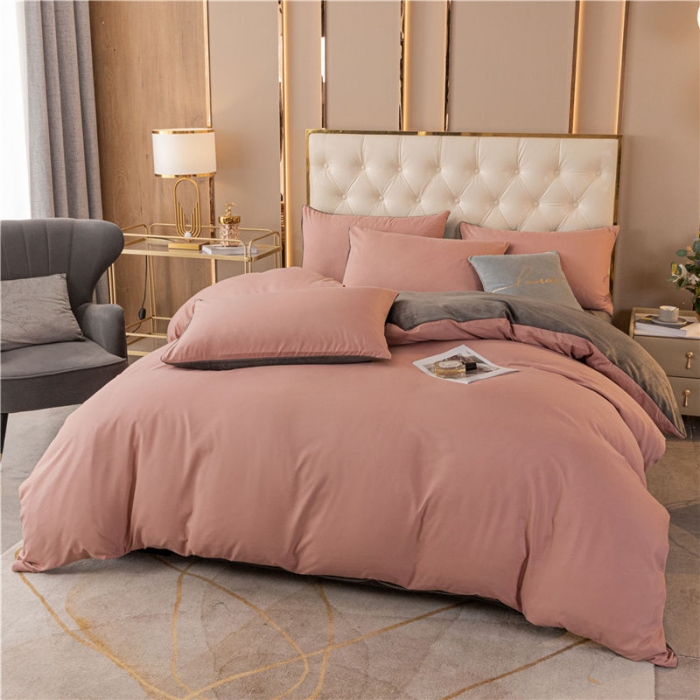 91家纺网 家纺一手货源 找家纺 古吉梦高克重牛奶绒双色床单床笠款四件套纯色棉绒紫豆沙+高级灰