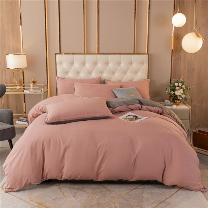 91家纺网 家纺一手货源 找家纺 古吉梦高克重牛奶绒双色床单床笠款四件套纯色棉绒紫豆沙+高级灰