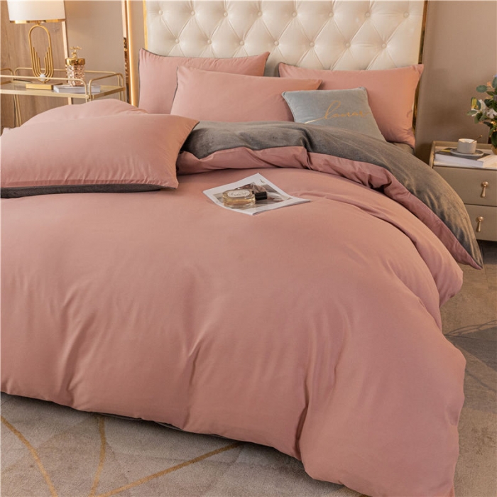 91家纺网 家纺一手货源 找家纺 古吉梦高克重牛奶绒双色床单床笠款四件套纯色棉绒紫豆沙+高级灰