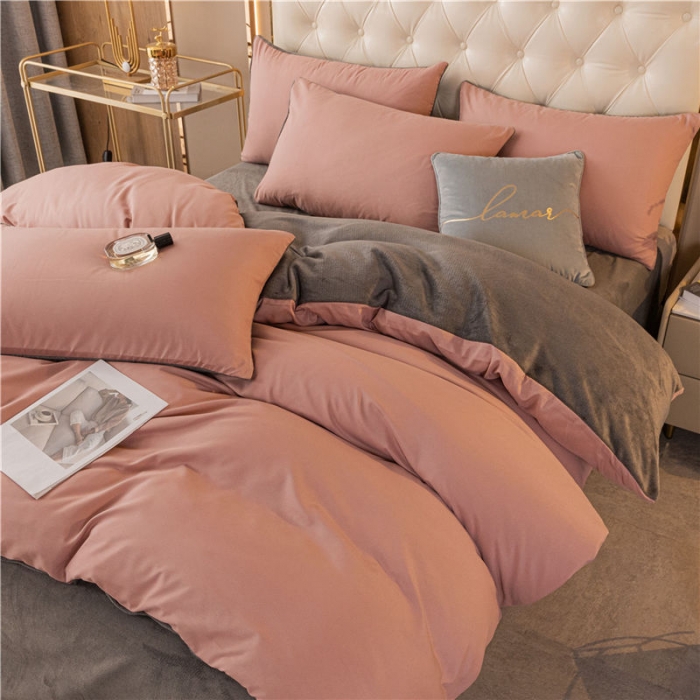 91家纺网 家纺一手货源 找家纺 古吉梦高克重牛奶绒双色床单床笠款四件套纯色棉绒紫豆沙+高级灰