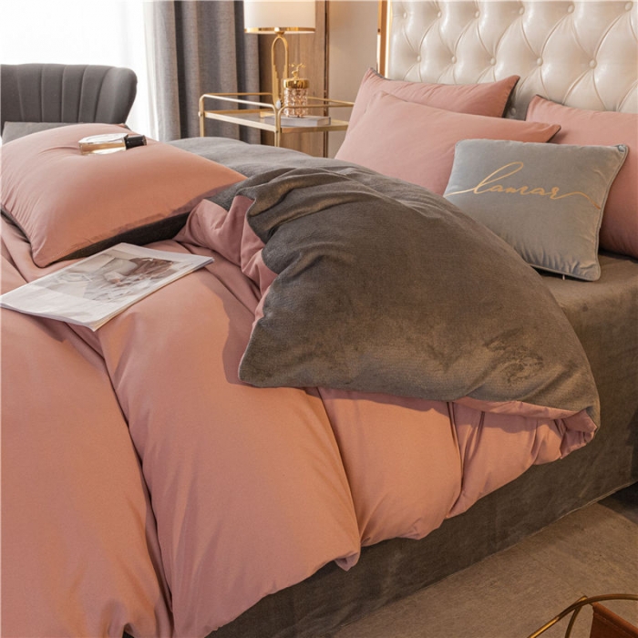 91家纺网 家纺一手货源 找家纺 古吉梦高克重牛奶绒双色床单床笠款四件套纯色棉绒紫豆沙+高级灰