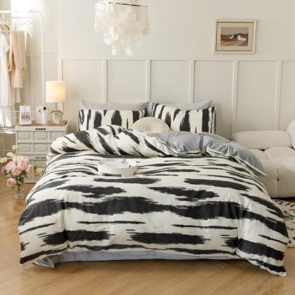 91家纺网 家纺一手货源 找家纺 珺柔 2022新款印花水晶绒四件套 黑条纹