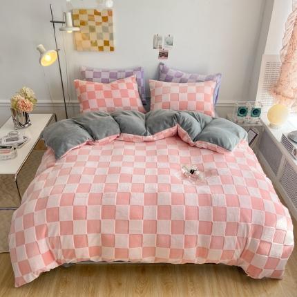 珺柔 2022新款提花格子牛奶绒四件套 粉格子