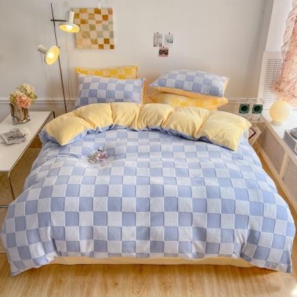 珺柔 2022新款提花格子牛奶绒四件套 蓝格子